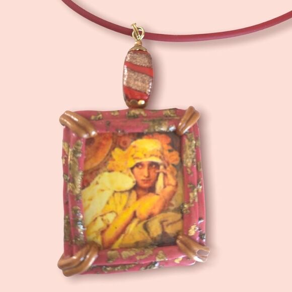 Vintage 80’s femo 20’s portrait necklace rose bezel cord - Picture 1 of 5